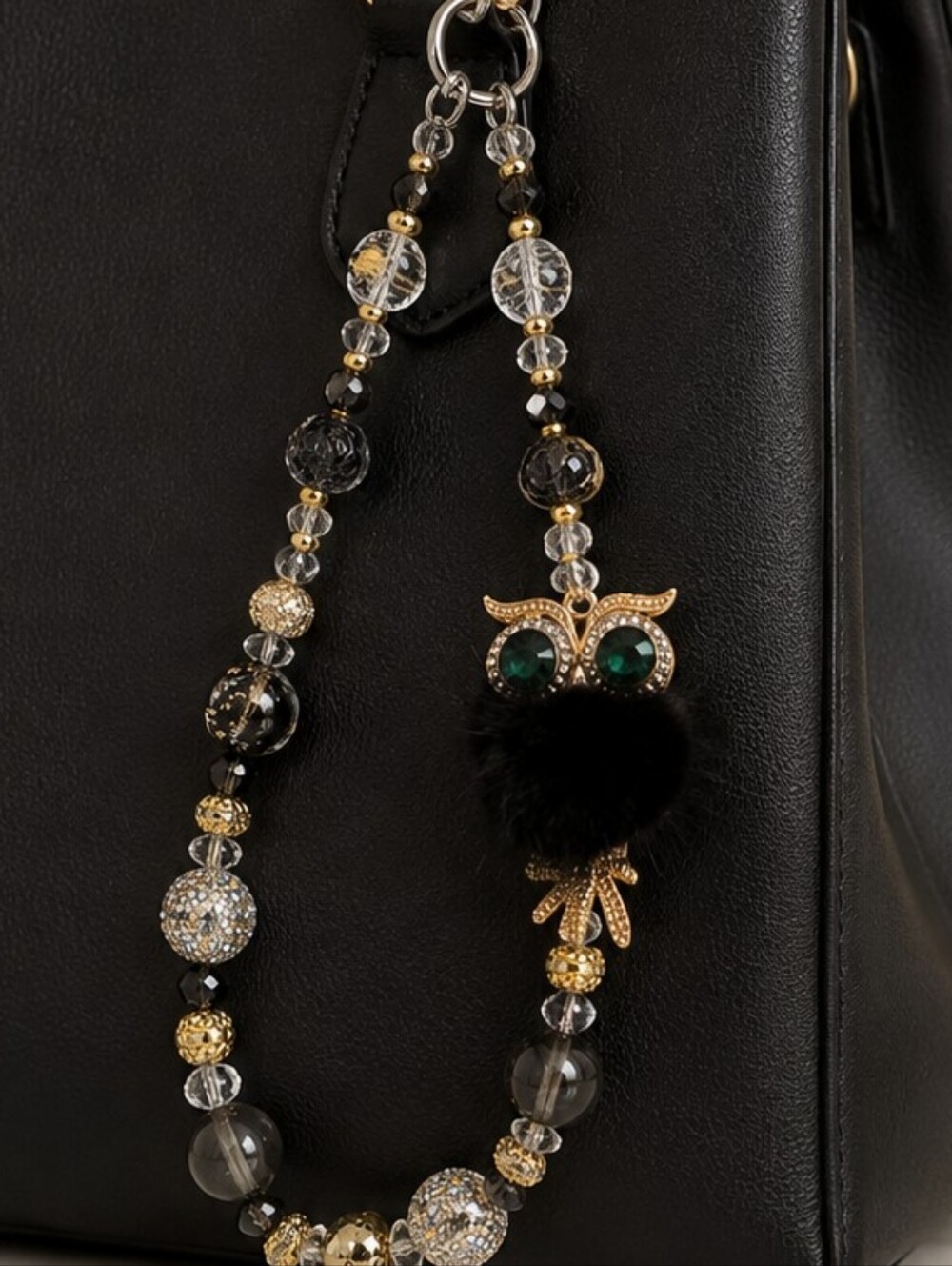 Black Gold Beaded Owl Purse Charm Keychain Rhinestone Pom-Pom